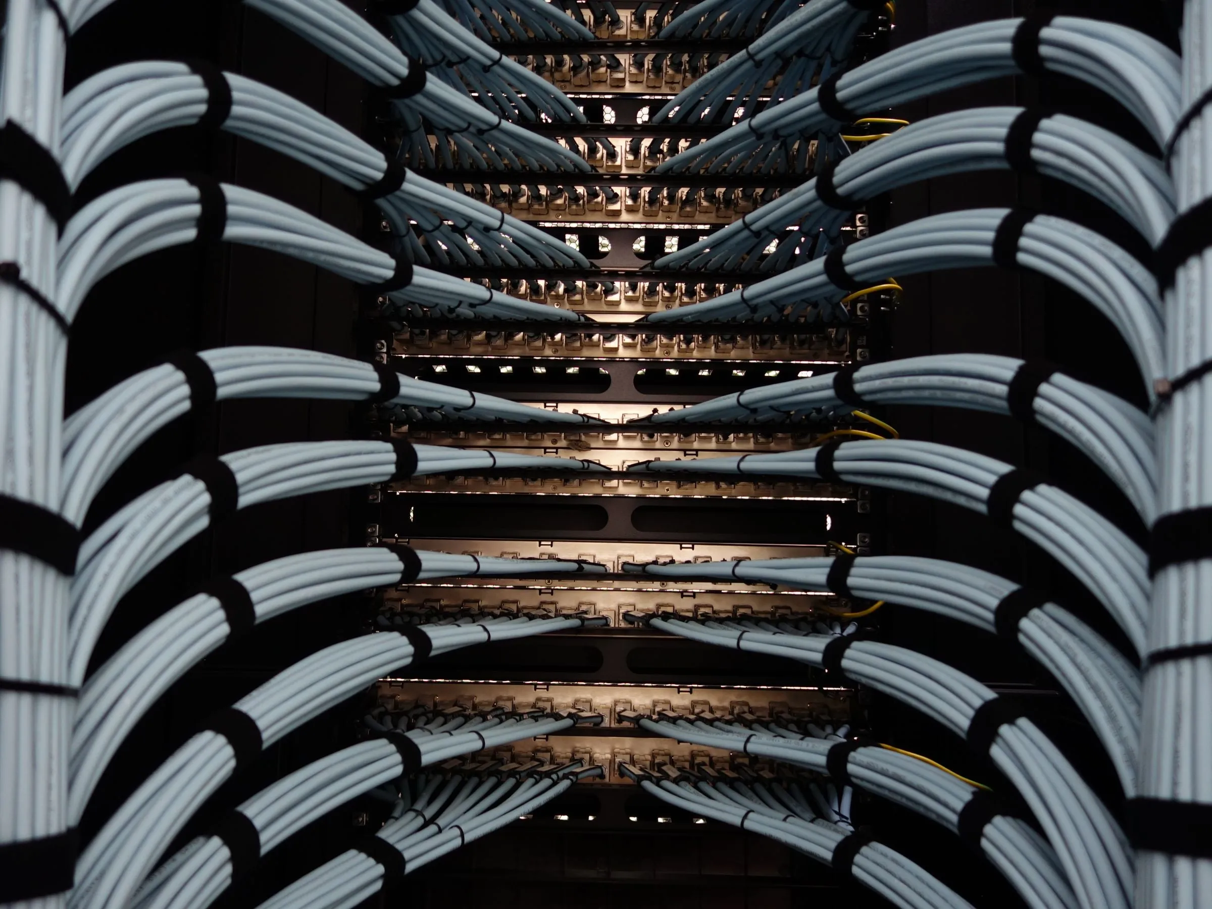 Neatly dressed white cable bundles fanning into a patch panel