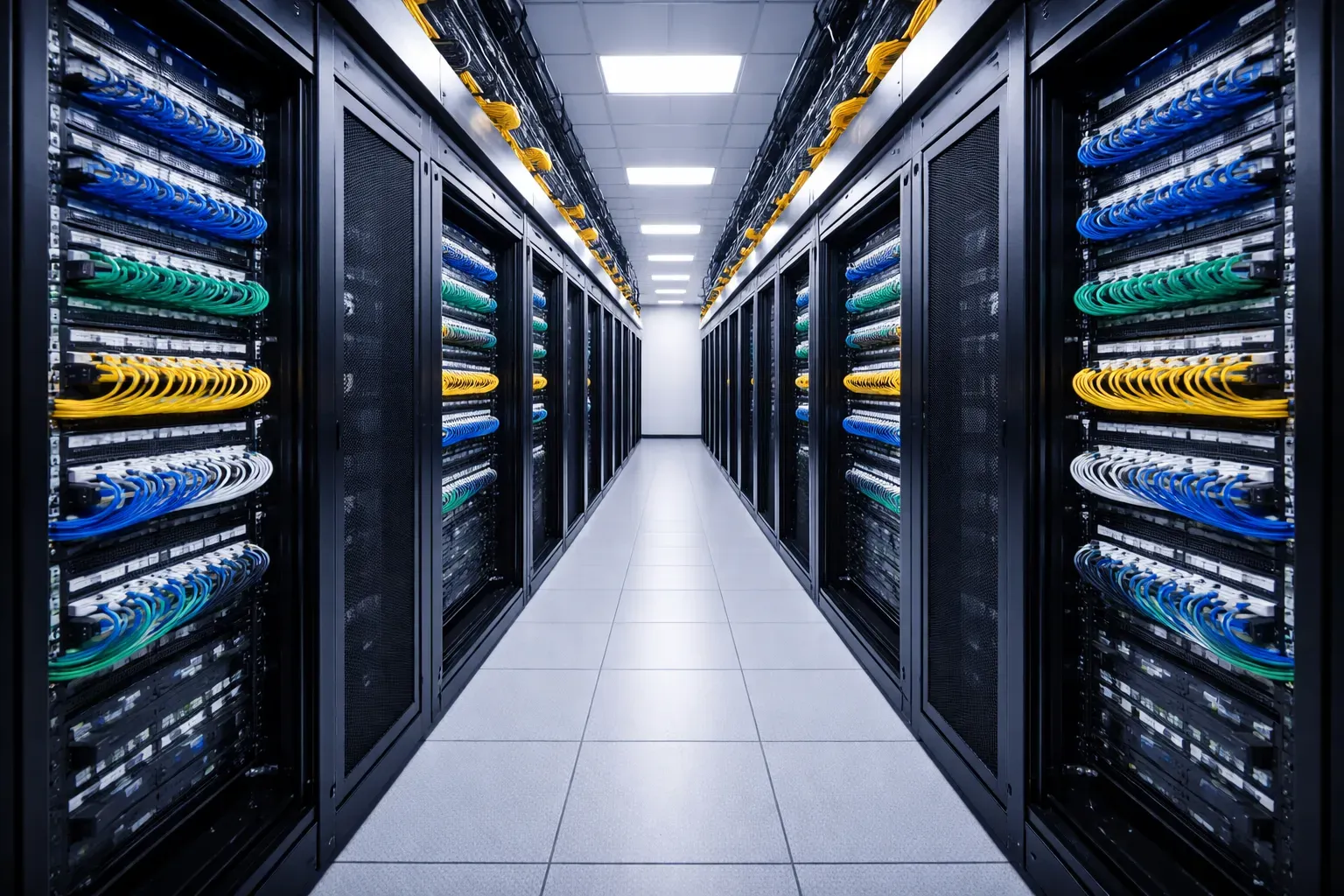 An aisle of network cabinets with color-coded patching in a data hall
