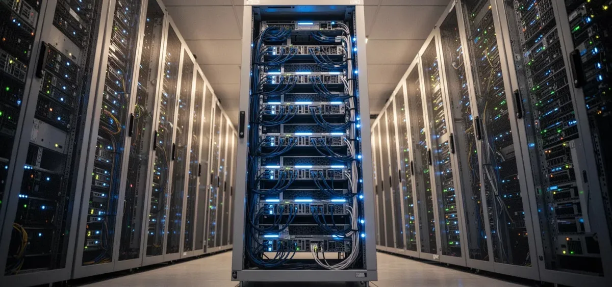 A row of server racks with neatly dressed cabling